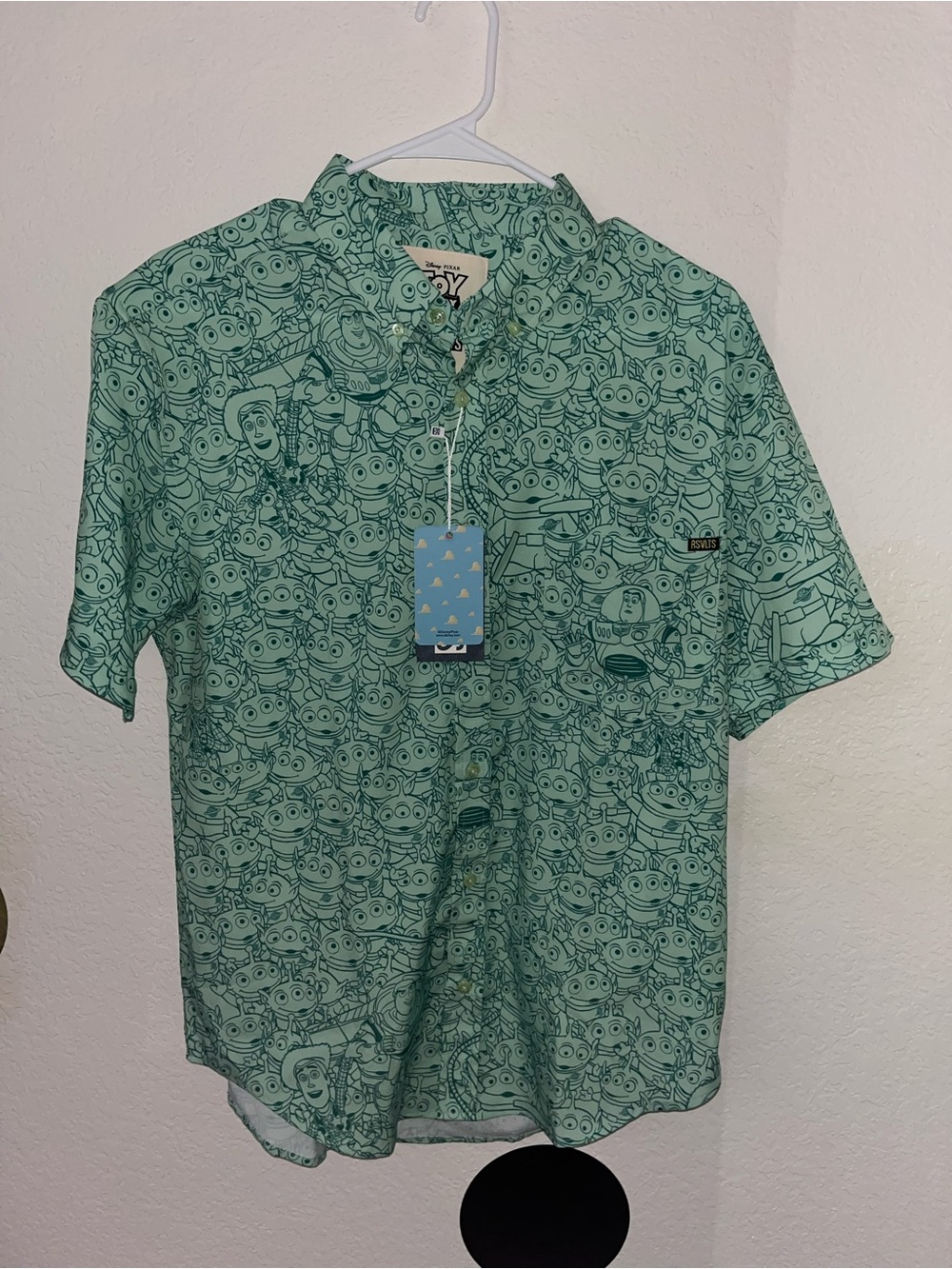 RSVLTS Toy Story Mint & Green Alien Print Button-Down Shirt-“The Crane Escape”